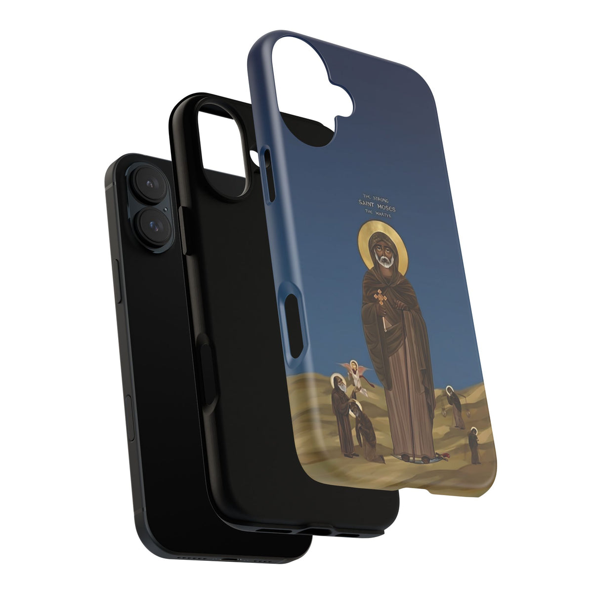 Christelijk telefoonhoesje Sint-Mozes de Sterke blauw mat