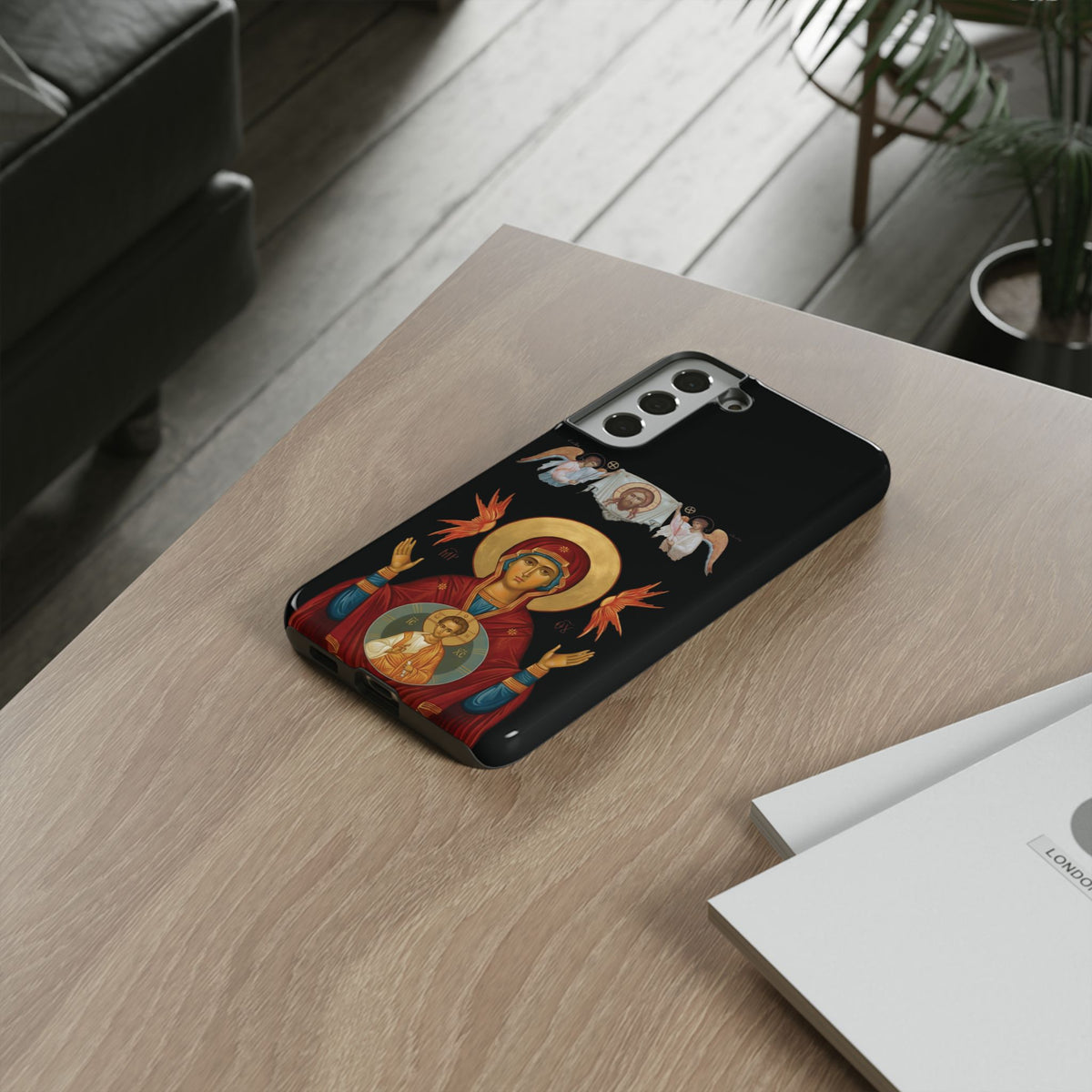 Christelijk telefoonhoesje De Heilige Maagd Maria zwart mat