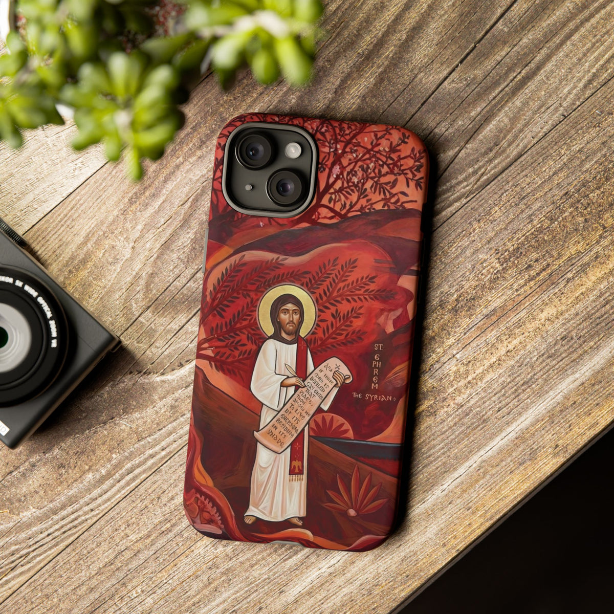 Christelijk telefoonhoesje Sint-Efrem de Syriër rood mat