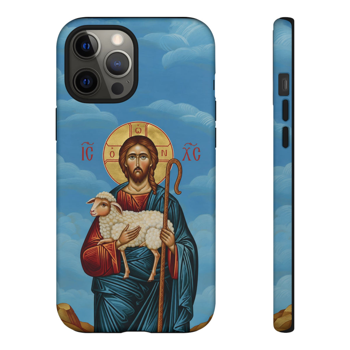Christelijk telefoonhoesje De Goede Herder blauw mat
