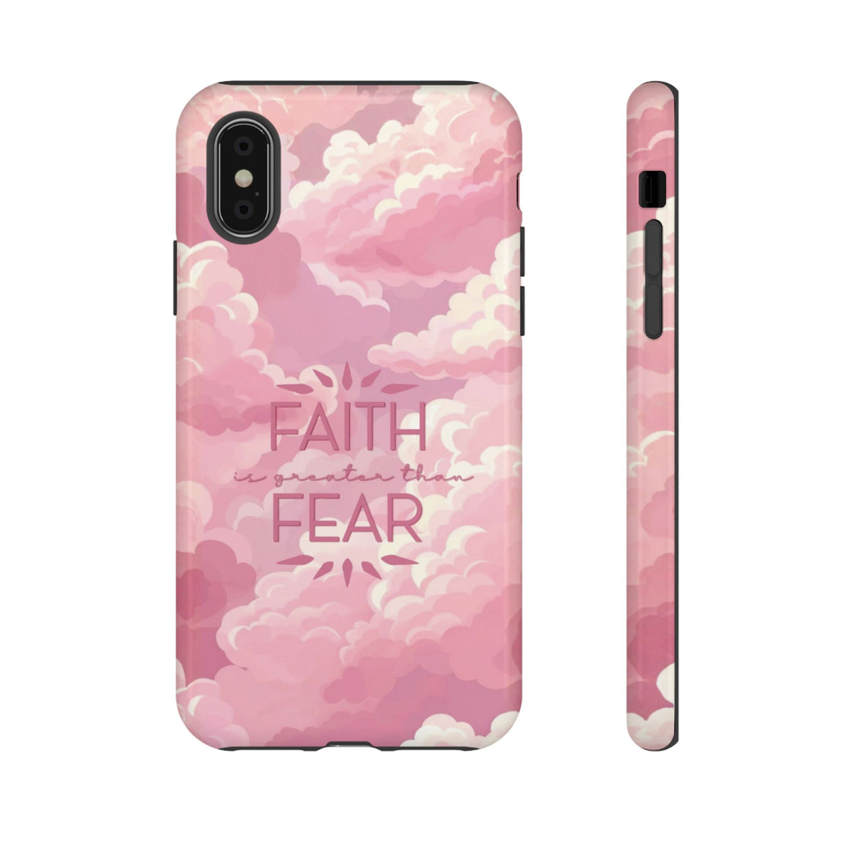 Christelijk telefoonhoesje Geloof is sterker dan angst roze mat