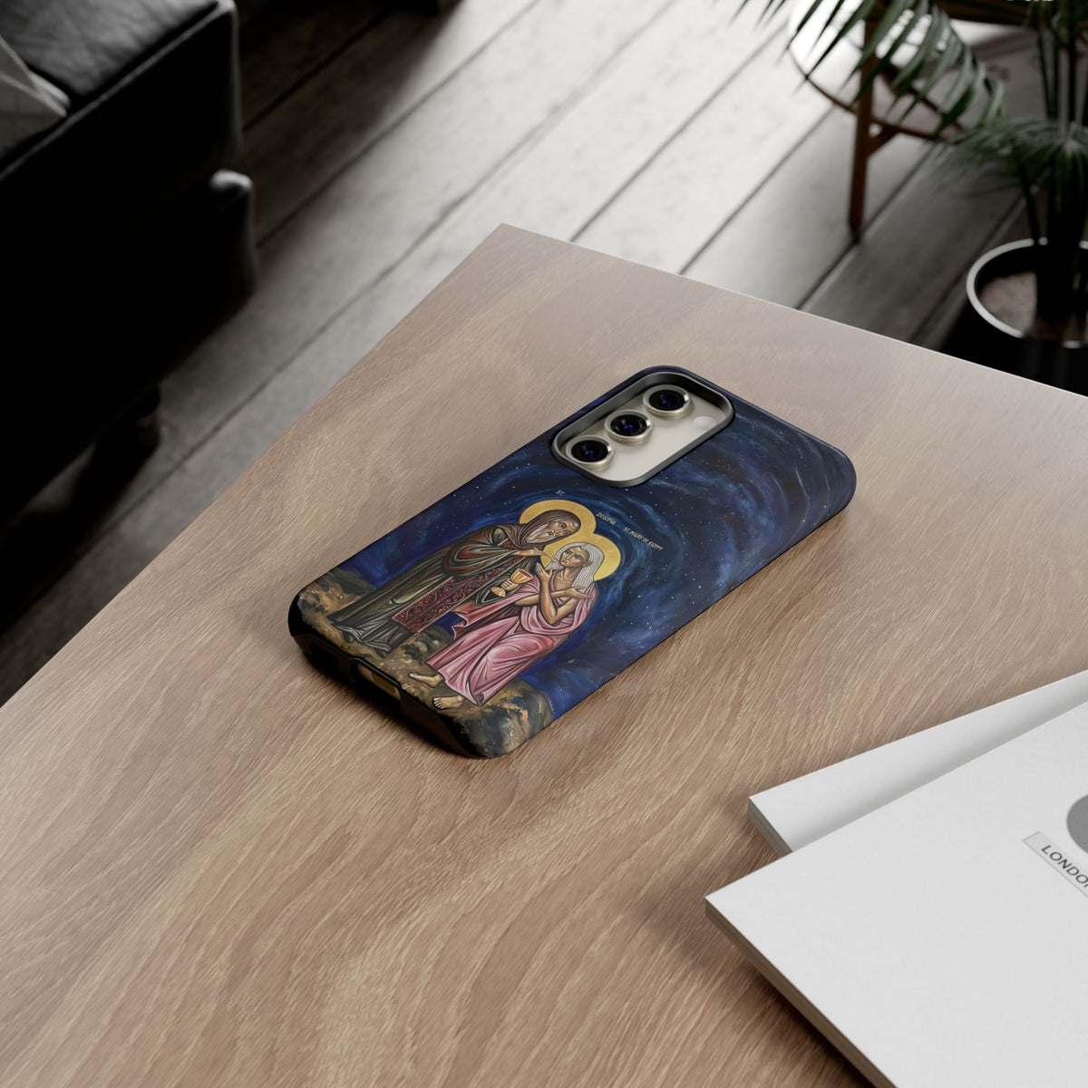 Christelijk telefoonhoesje Maria van Egypte en Sint-Zosimas donkerblauw mat
