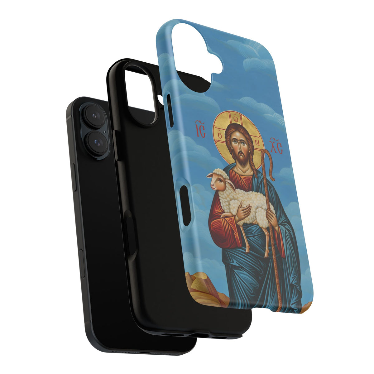 Christelijk telefoonhoesje De Goede Herder blauw mat