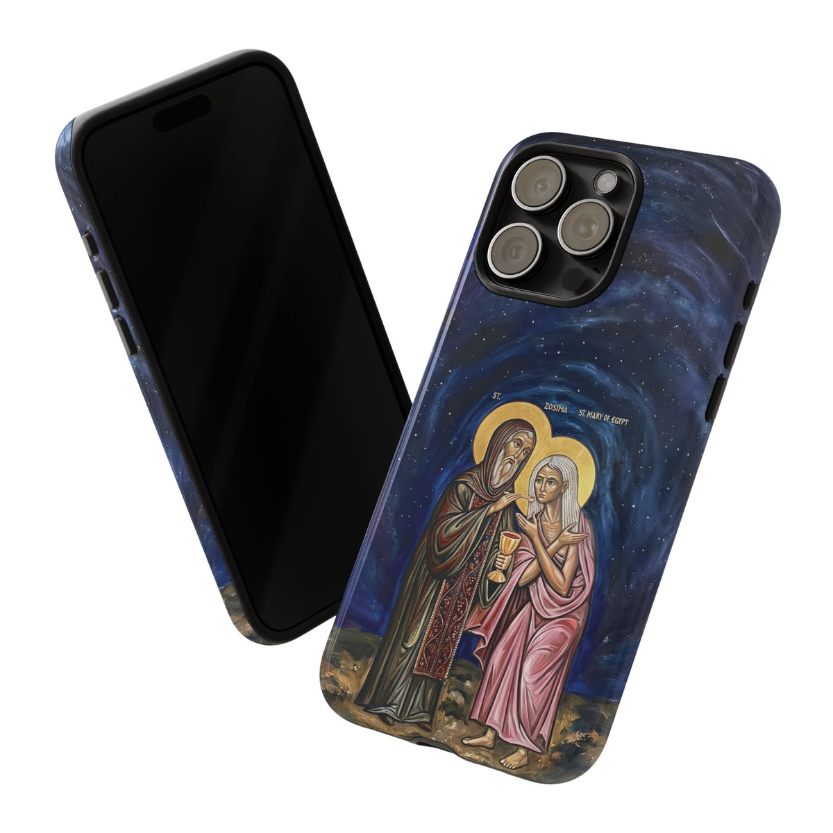 Christelijk telefoonhoesje Maria van Egypte en Sint-Zosimas donkerblauw mat