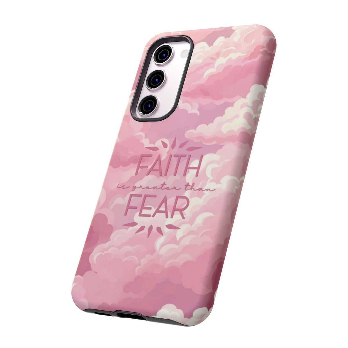 Christelijk telefoonhoesje Geloof is sterker dan angst roze mat