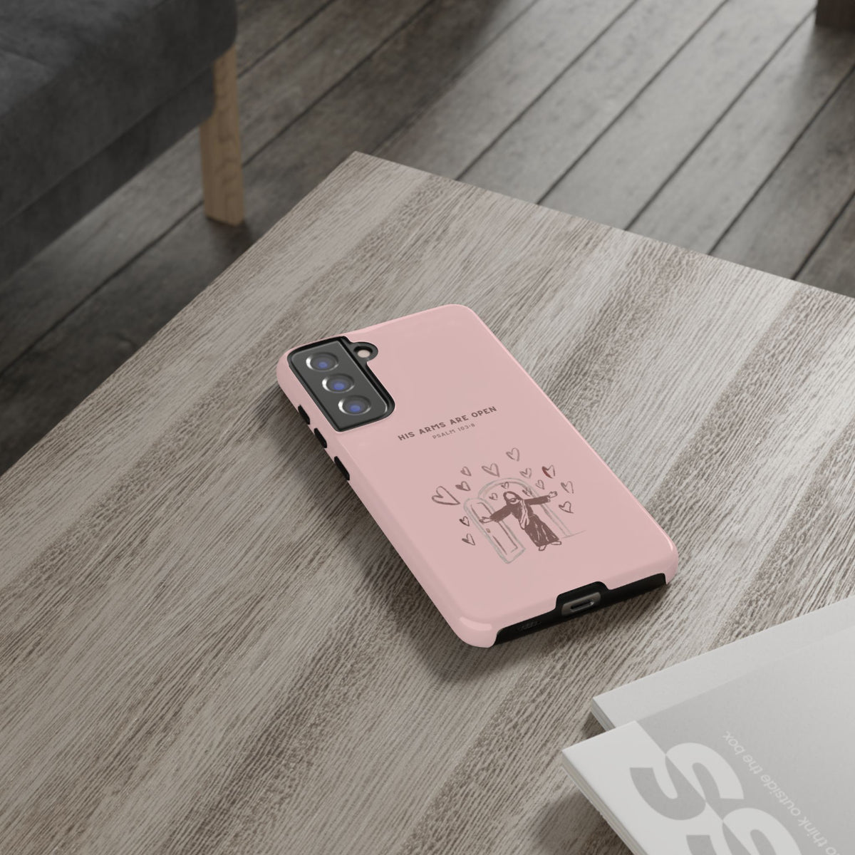 Christelijk telefoonhoesje Zijn armen staan open roze mat