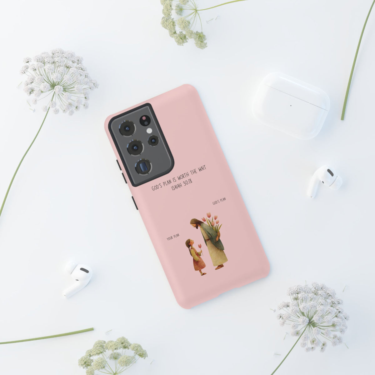Christelijk telefoonhoesje Gods plan is beter roze mat