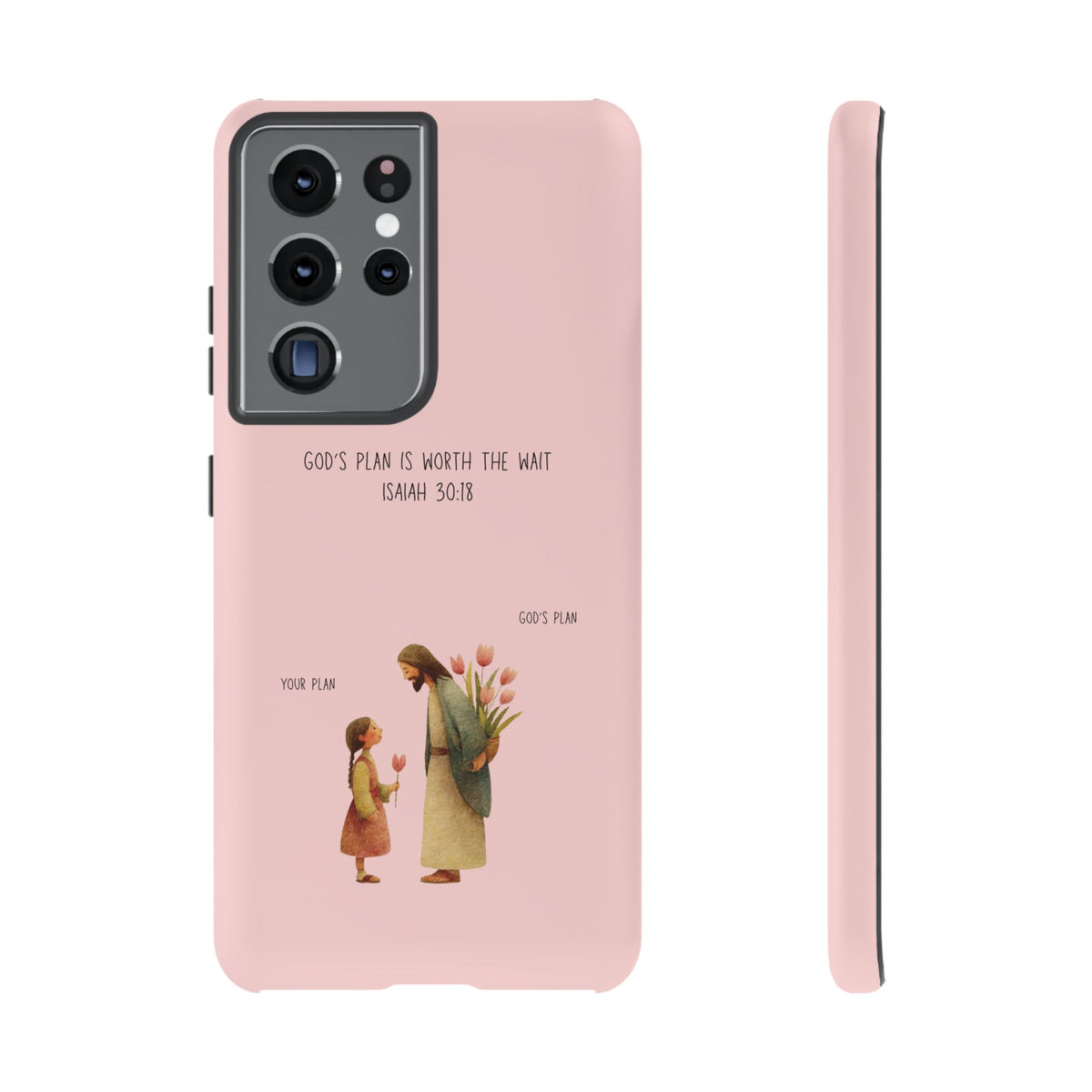 Christelijk telefoonhoesje Gods plan is beter roze mat
