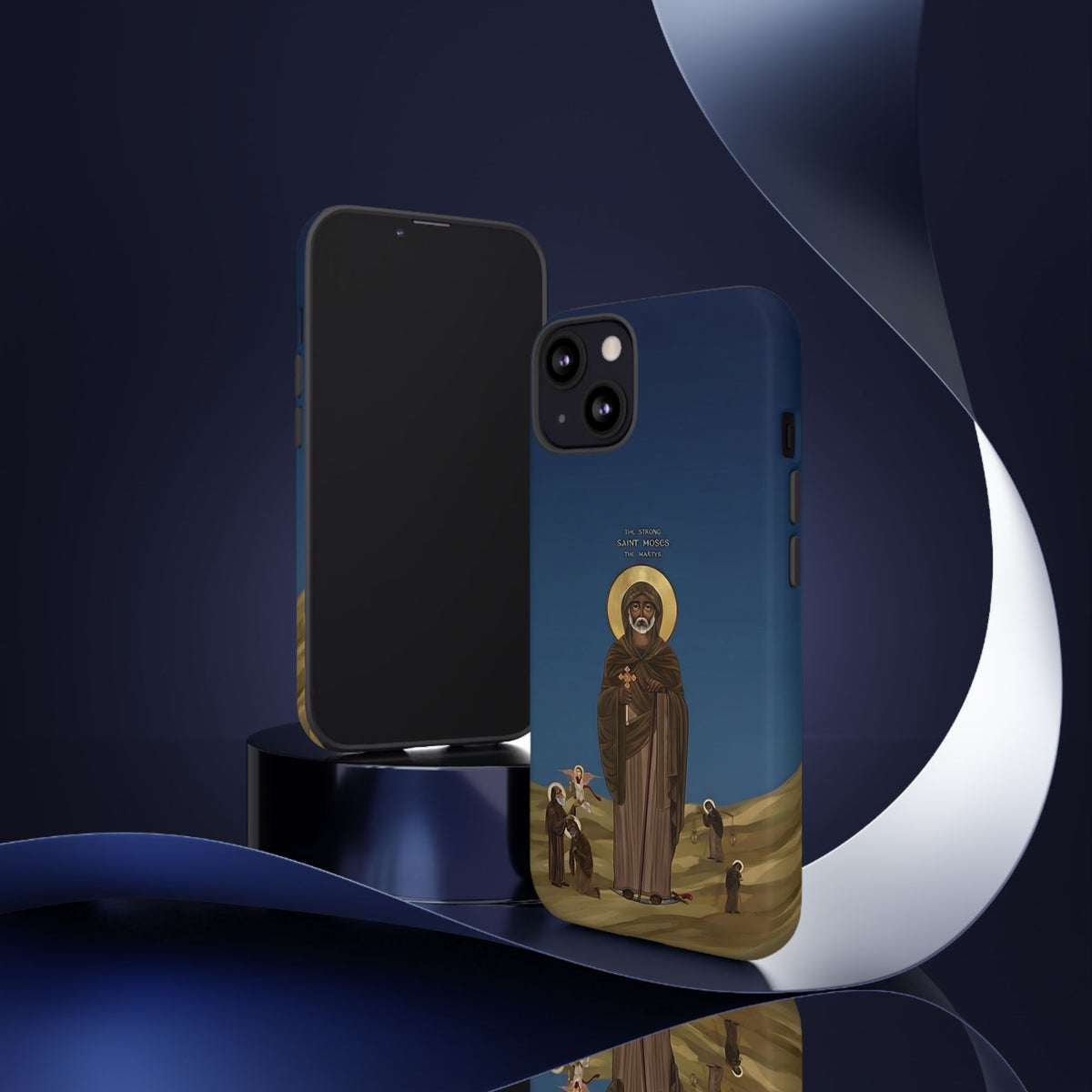 Christelijk telefoonhoesje Sint-Mozes de Sterke blauw mat