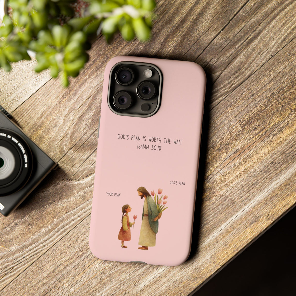 Christelijk telefoonhoesje Gods plan is beter roze mat