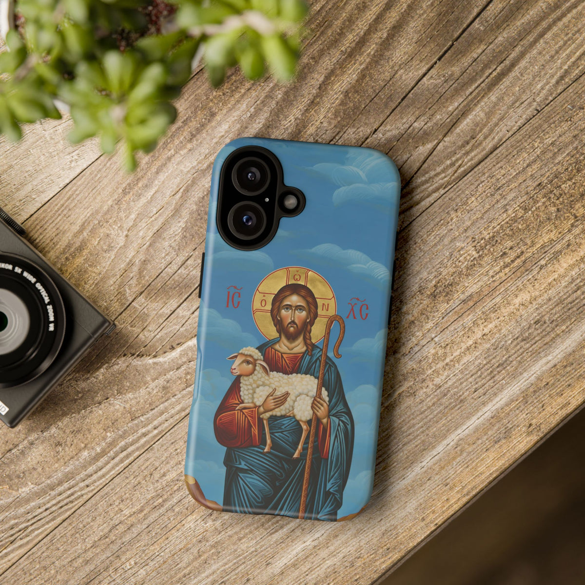 Christelijk telefoonhoesje De Goede Herder blauw mat