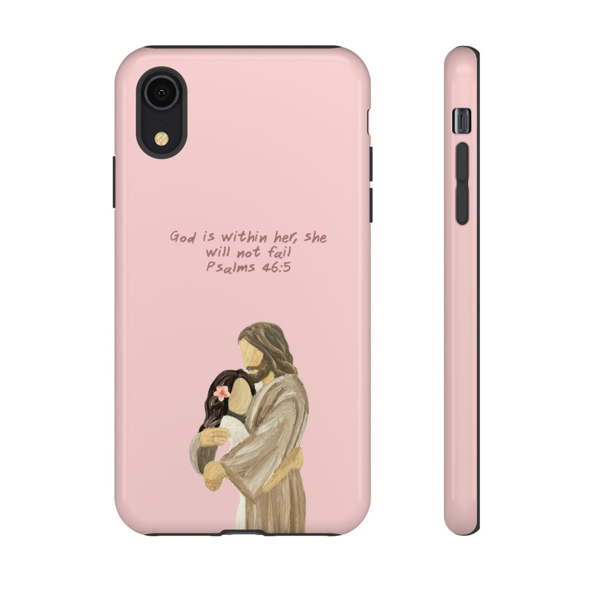 Christelijk telefoonhoesje God is in haar roze mat