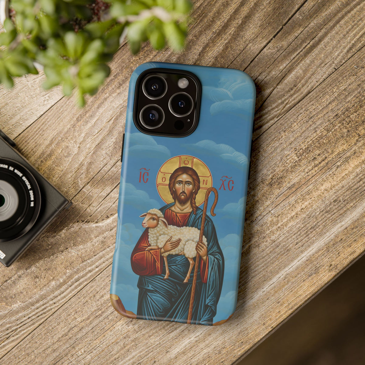 Christelijk telefoonhoesje De Goede Herder blauw mat