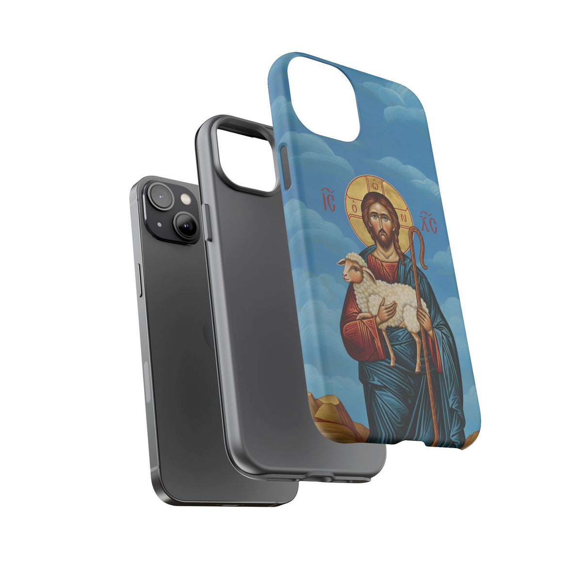 Christelijk telefoonhoesje De Goede Herder blauw mat