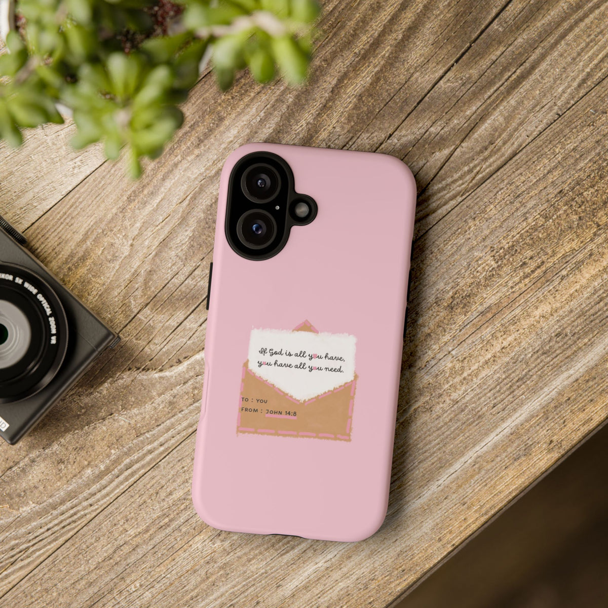 Christelijk telefoonhoesje God is alles wat je nodig hebt roze mat