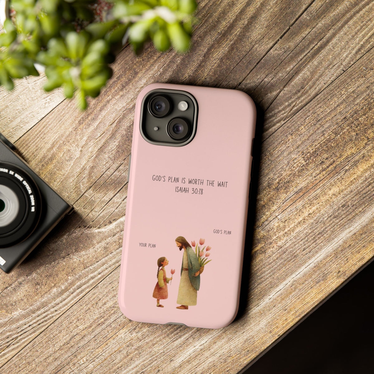 Christelijk telefoonhoesje Gods plan is beter roze mat