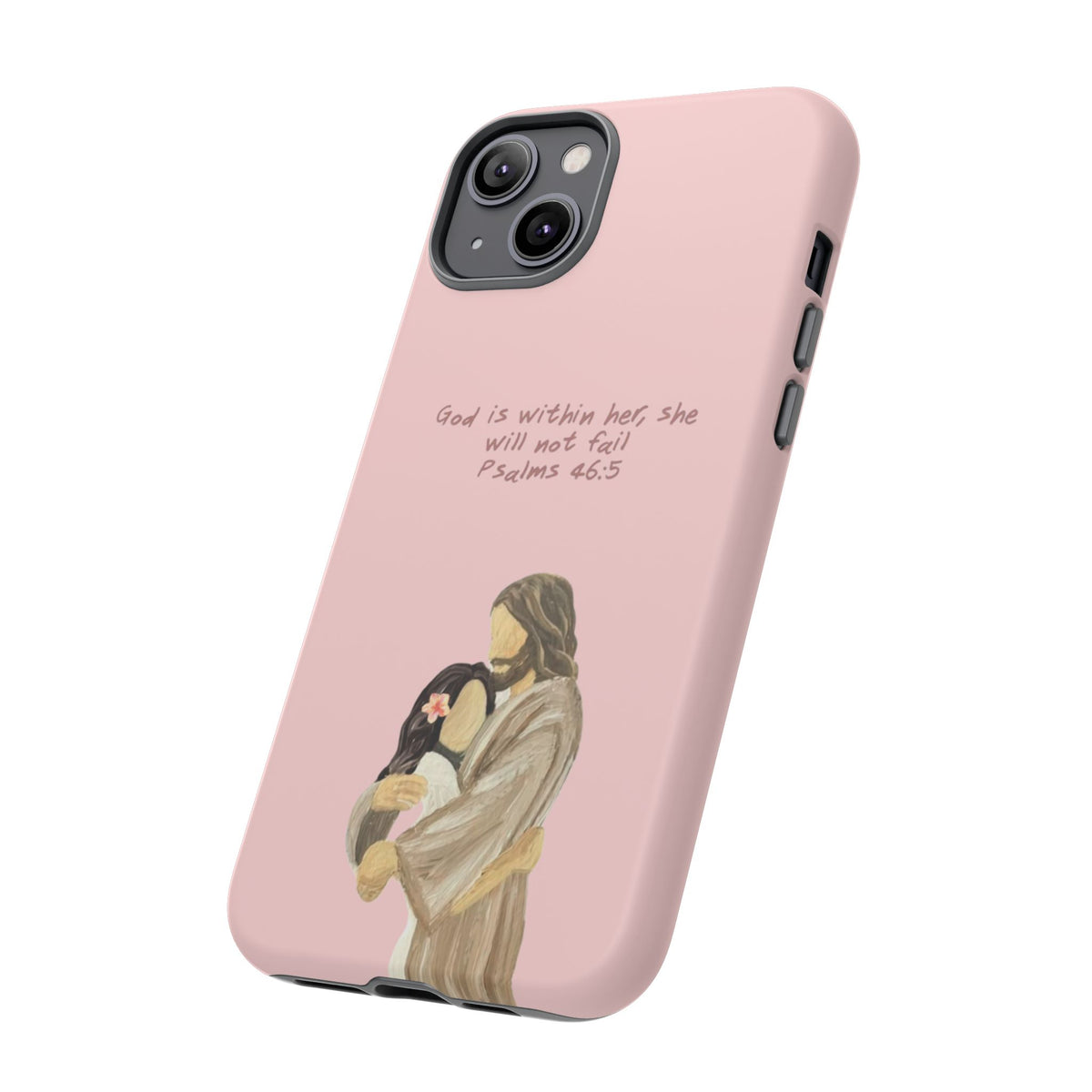 Christelijk telefoonhoesje God is in haar roze mat