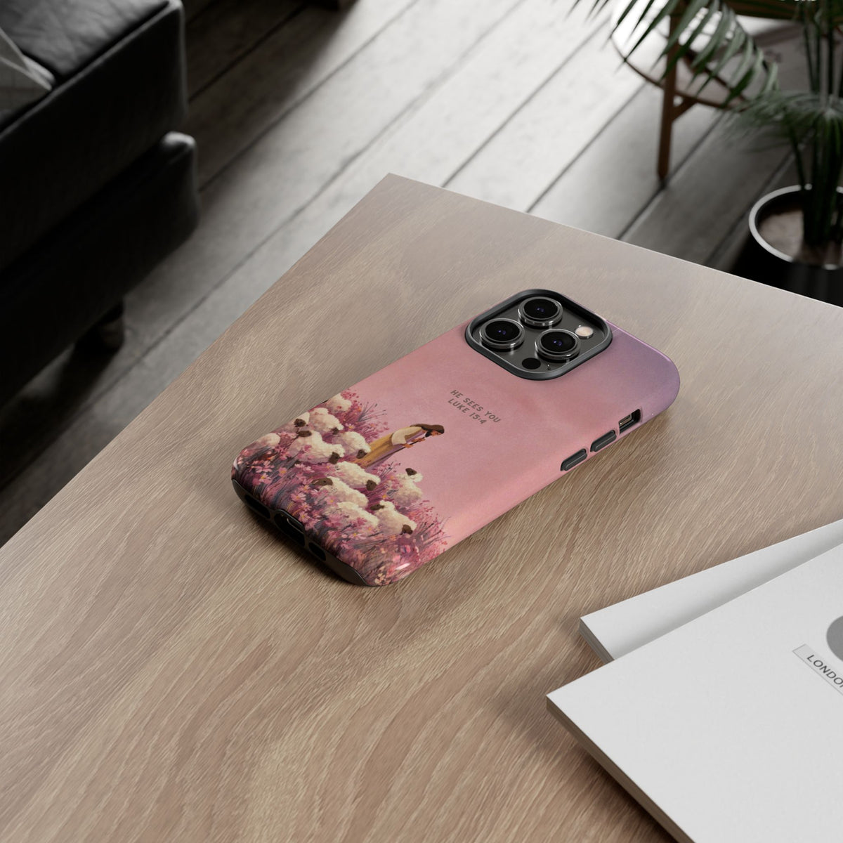 Christelijk telefoonhoesje Hij ziet jou roze mat