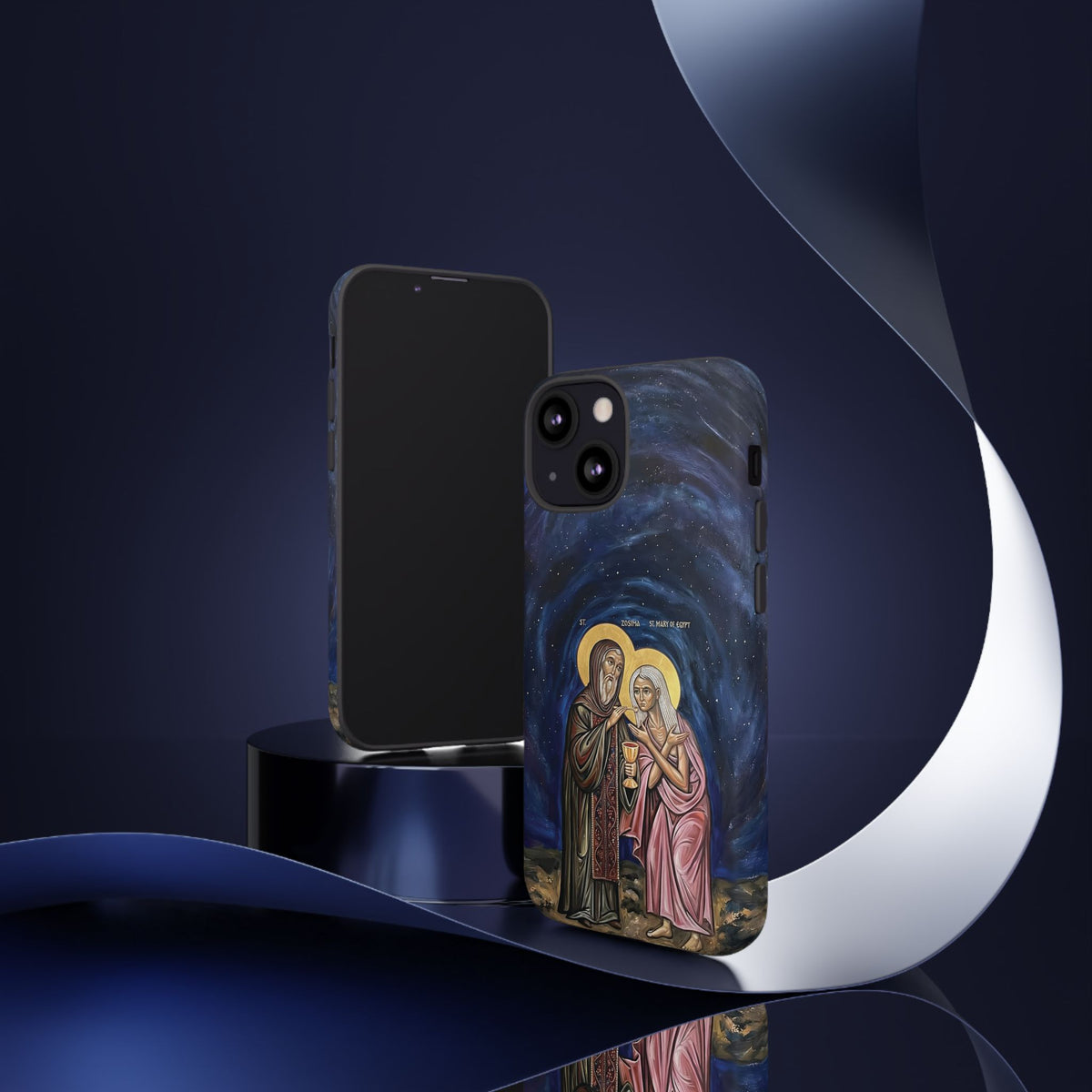 Christelijk telefoonhoesje Maria van Egypte en Sint-Zosimas donkerblauw mat