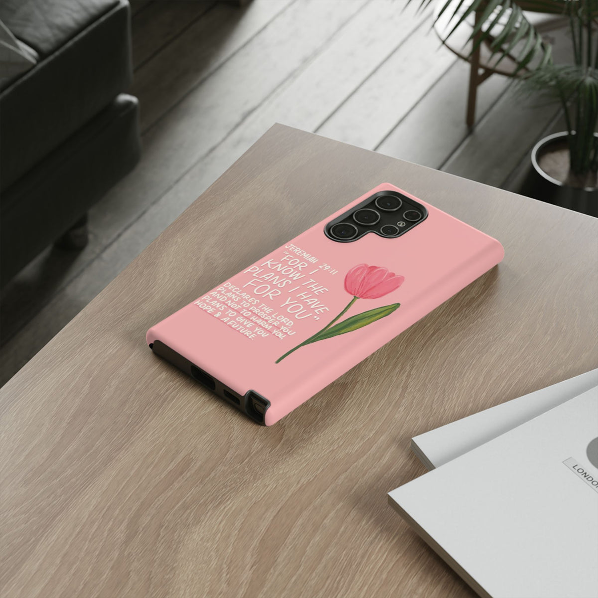 Christelijk telefoonhoesje Ik ken de plannen roze mat
