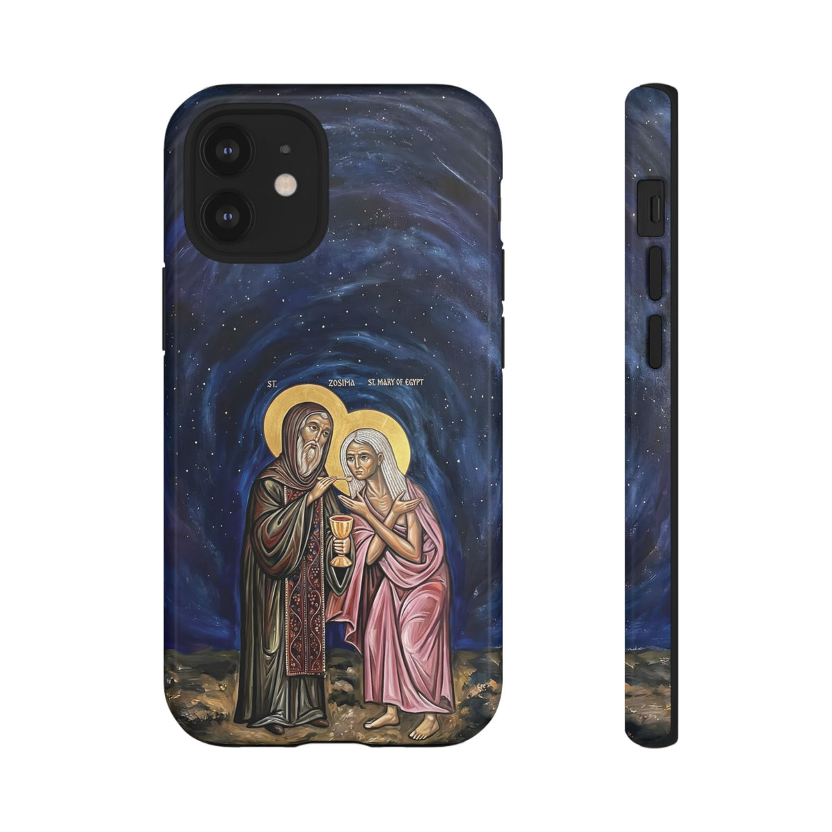 Christelijk telefoonhoesje Maria van Egypte en Sint-Zosimas donkerblauw mat