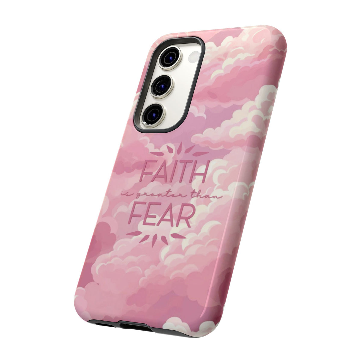 Christelijk telefoonhoesje Geloof is sterker dan angst roze mat