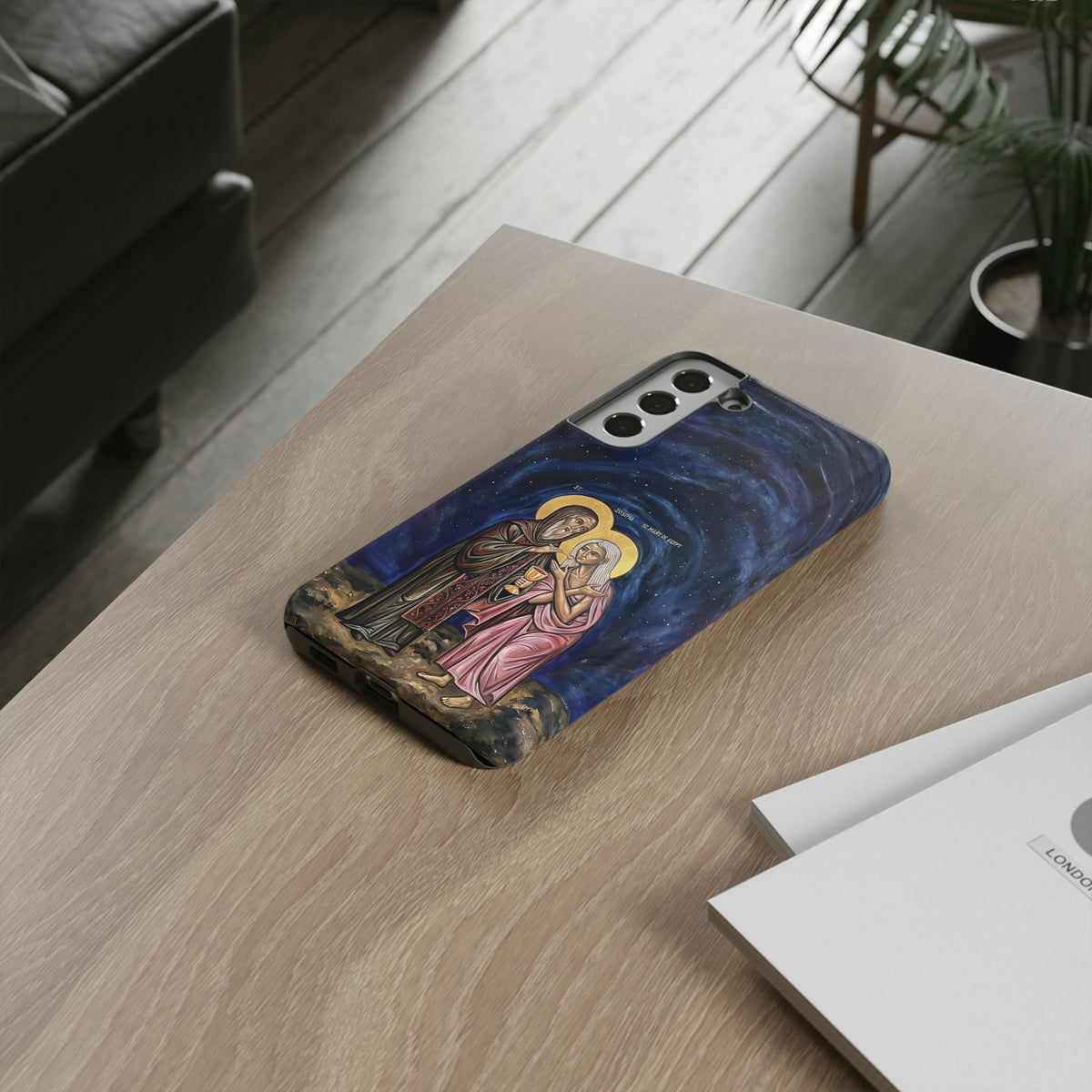 Christelijk telefoonhoesje Maria van Egypte en Sint-Zosimas donkerblauw mat
