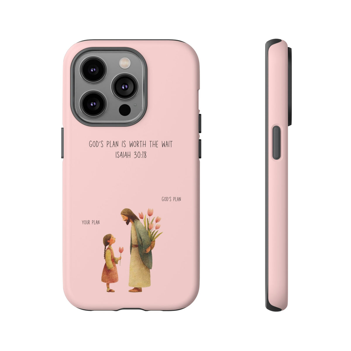 Christelijk telefoonhoesje Gods plan is beter roze mat