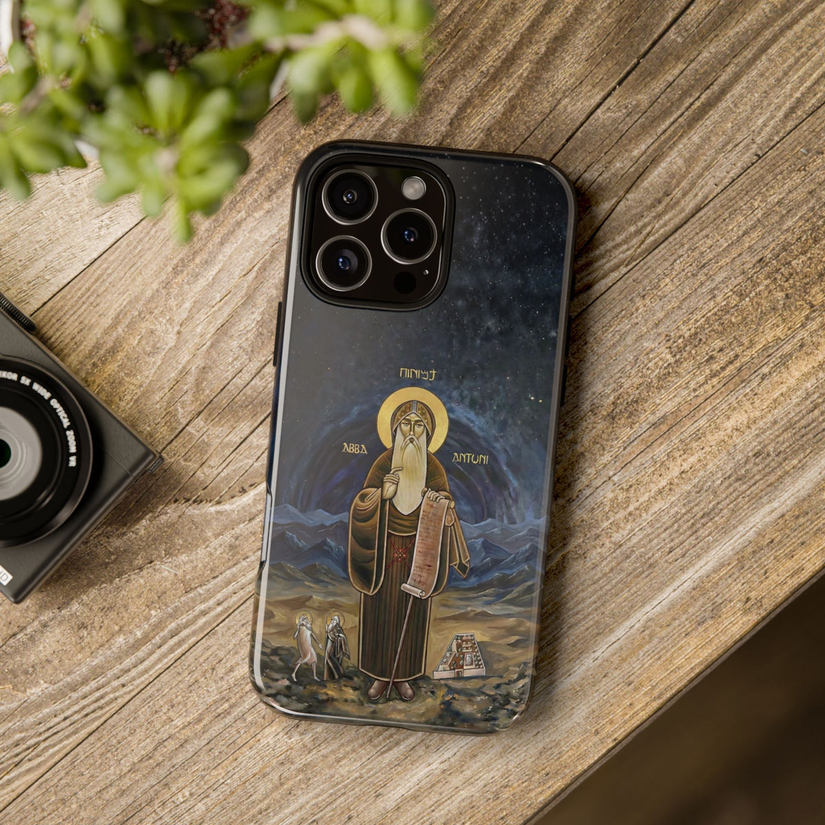 Christelijk telefoonhoesje Sint-Antonius de Grote donkerblauw mat