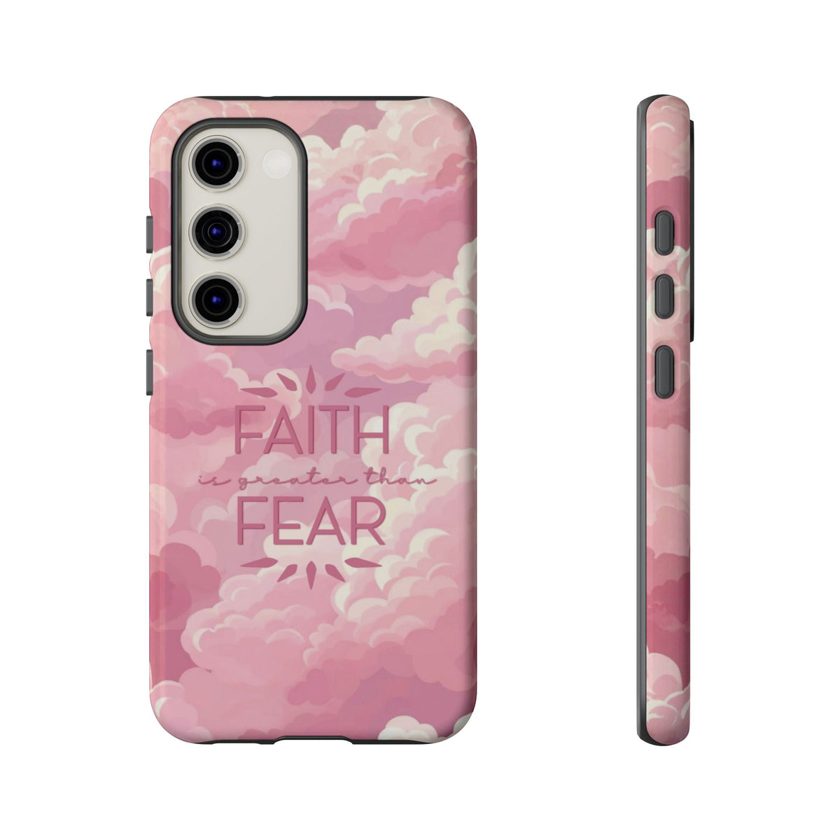 Christelijk telefoonhoesje Geloof is sterker dan angst roze mat