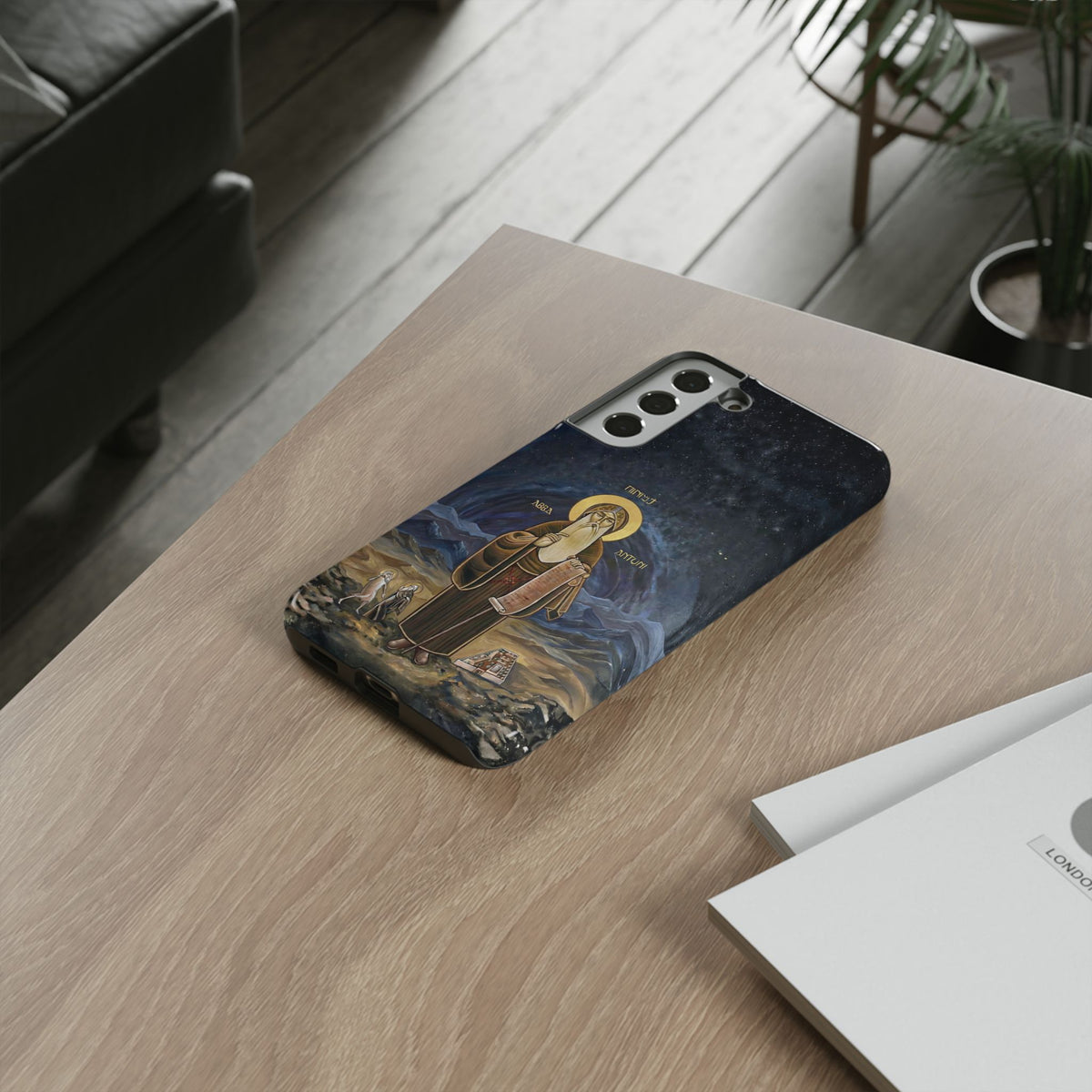 Christelijk telefoonhoesje Sint-Antonius de Grote donkerblauw mat