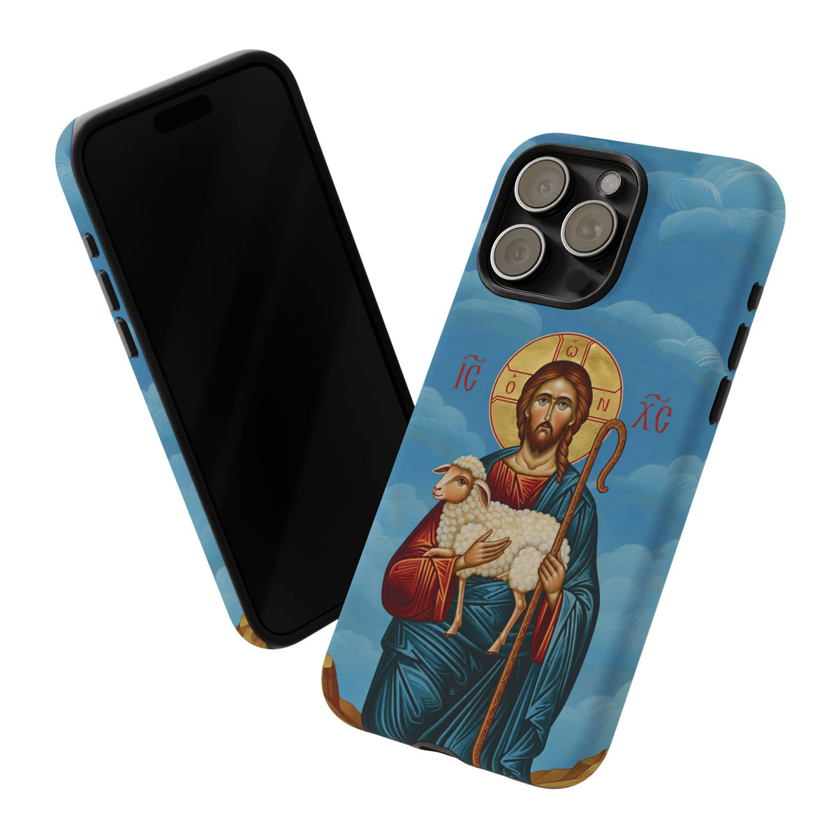 Christelijk telefoonhoesje De Goede Herder blauw mat