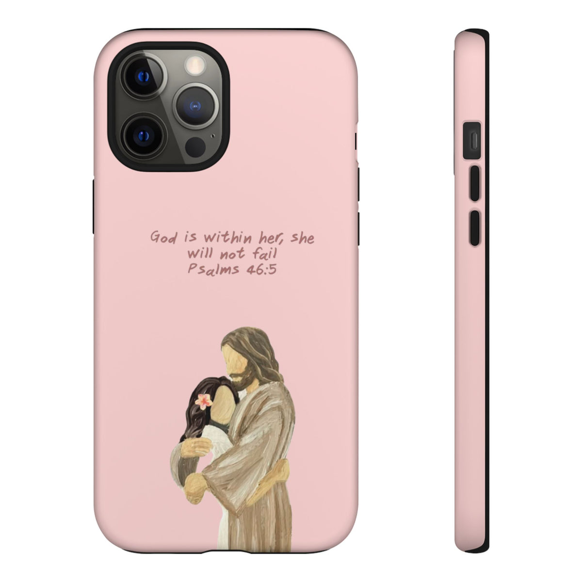 Christelijk telefoonhoesje God is in haar roze mat