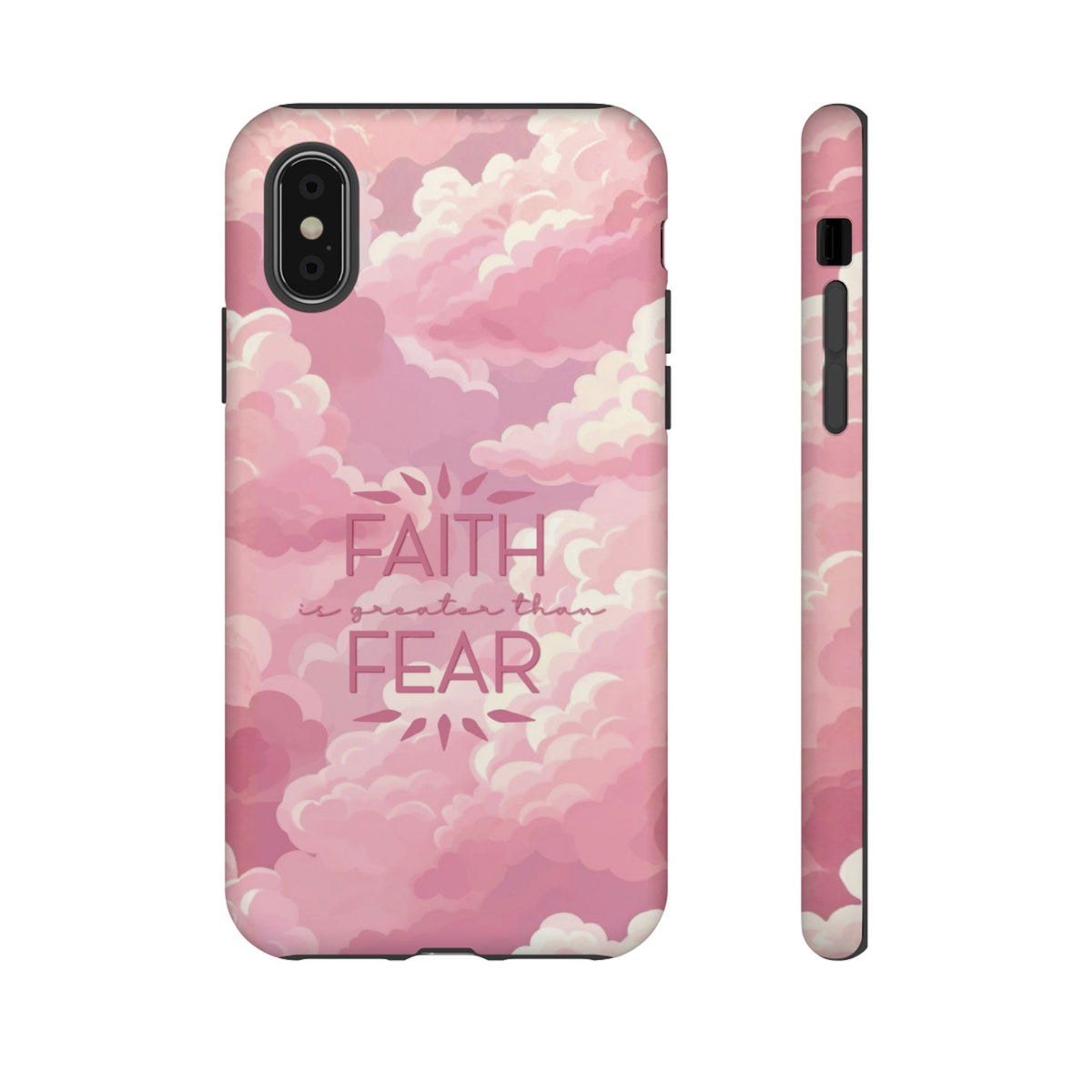 Christelijk telefoonhoesje Geloof is sterker dan angst roze mat