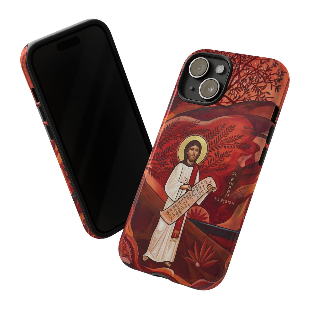 Christelijk telefoonhoesje Sint-Efrem de Syriër rood mat