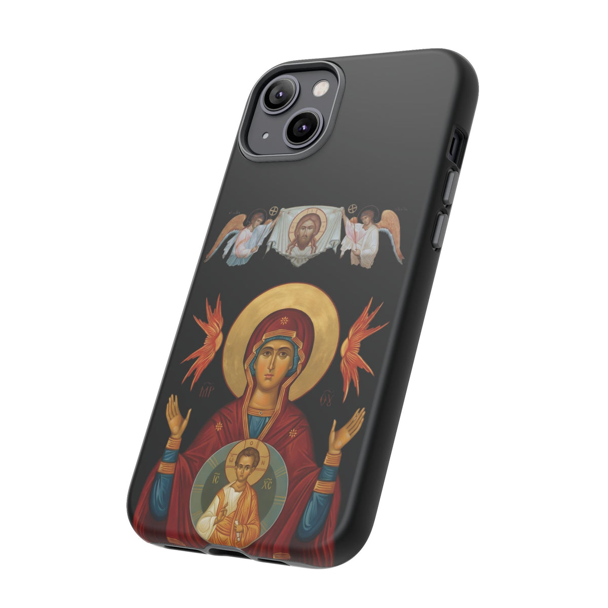 Christelijk telefoonhoesje De Heilige Maagd Maria zwart mat