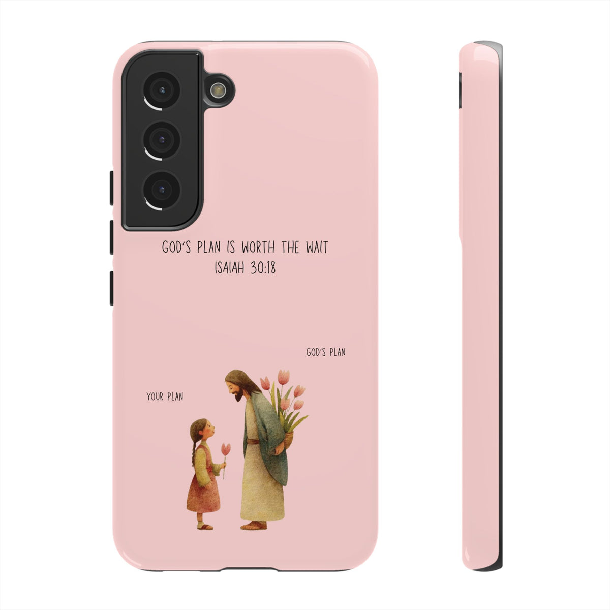 Christelijk telefoonhoesje Gods plan is beter roze mat
