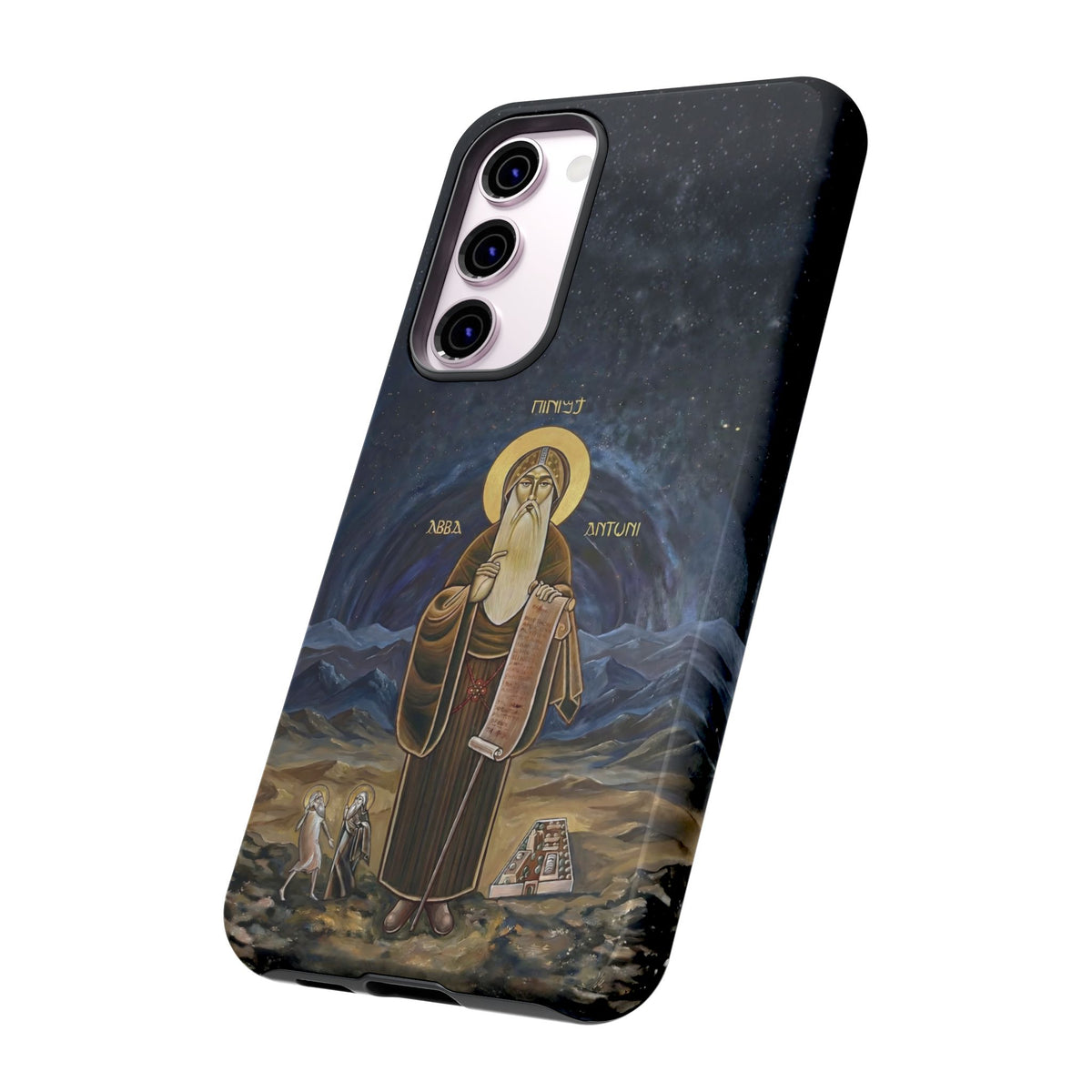 Christelijk telefoonhoesje Sint-Antonius de Grote donkerblauw mat