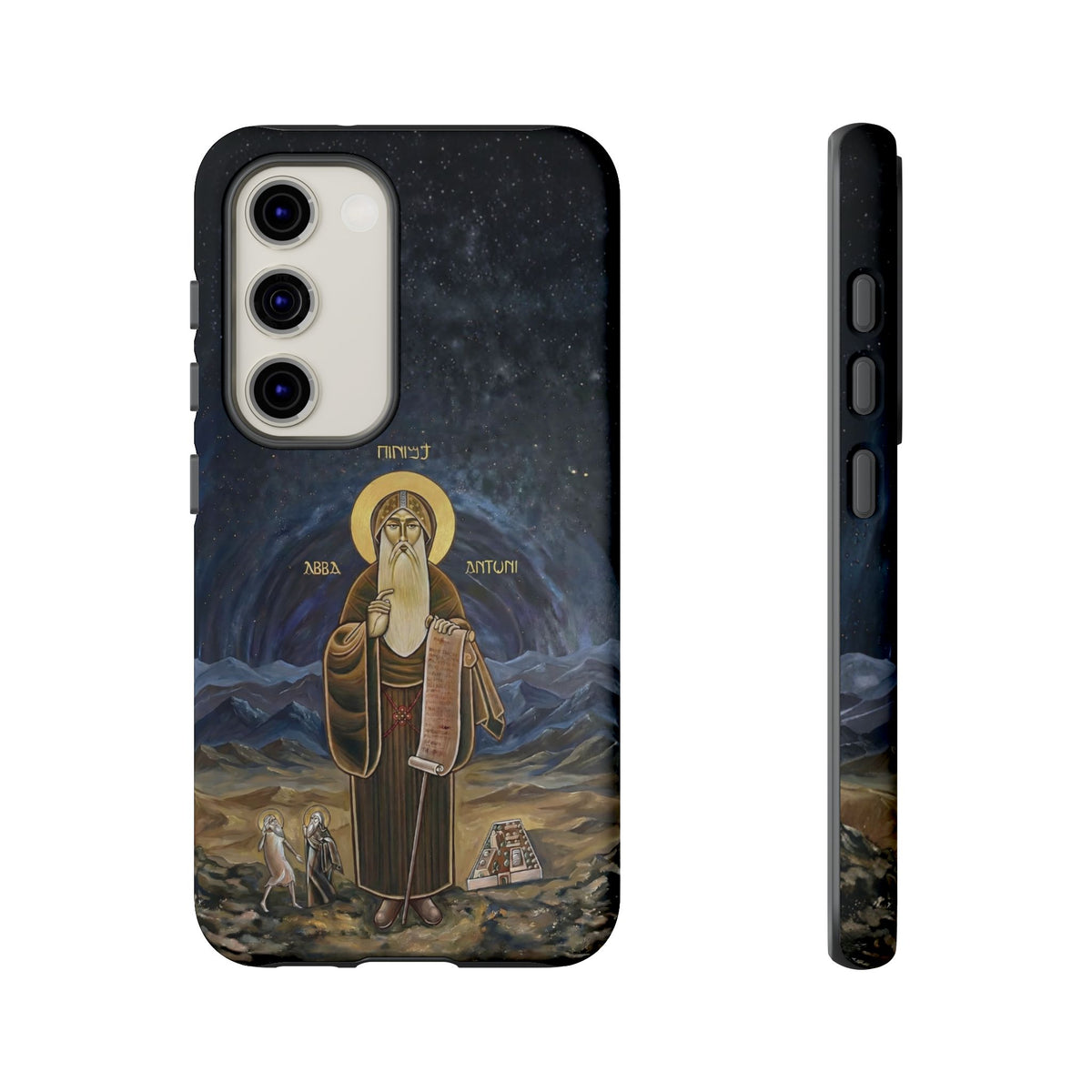 Christelijk telefoonhoesje Sint-Antonius de Grote donkerblauw mat