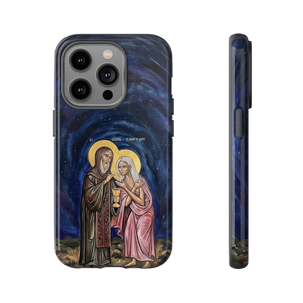 Christelijk telefoonhoesje Maria van Egypte en Sint-Zosimas donkerblauw mat