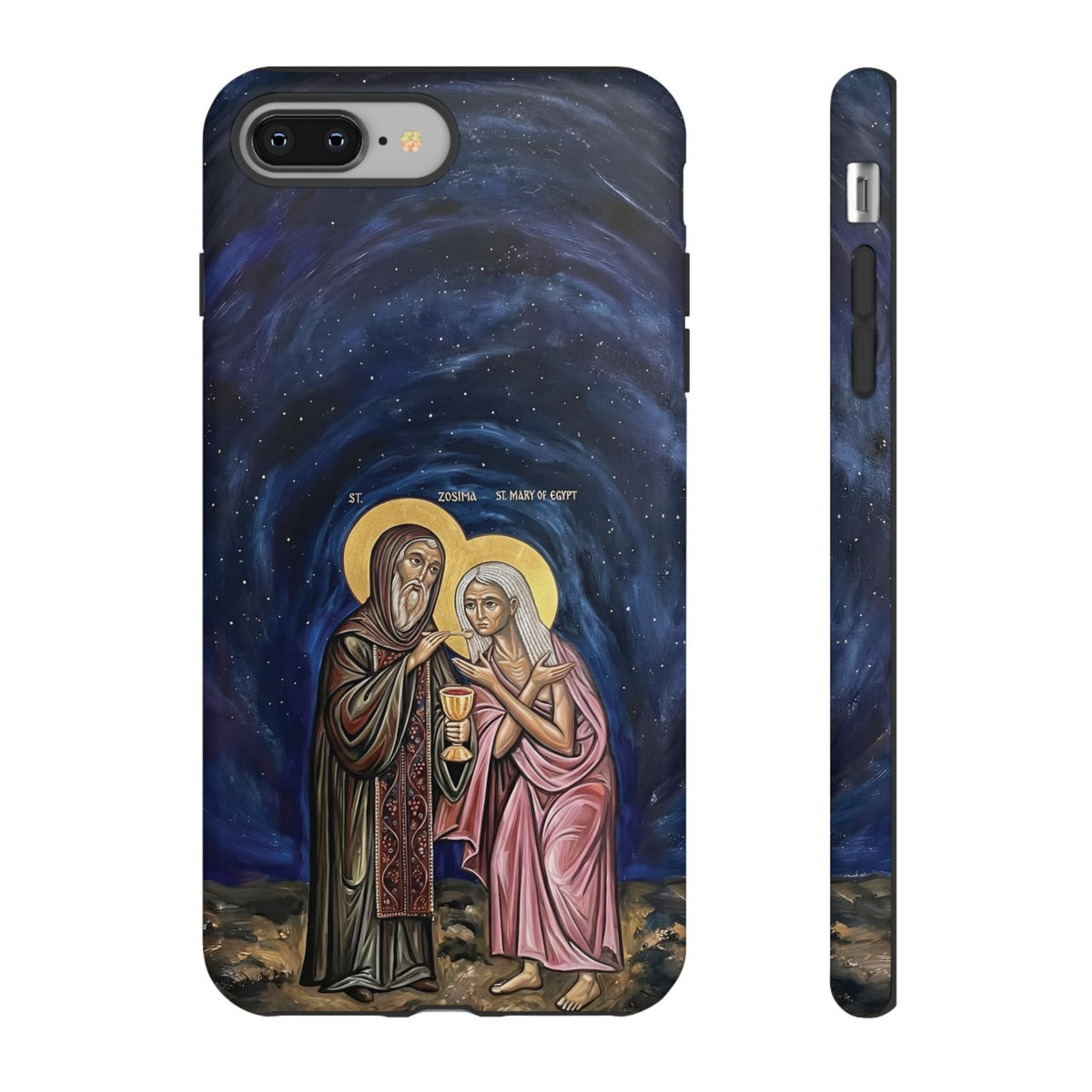 Christelijk telefoonhoesje Maria van Egypte en Sint-Zosimas donkerblauw mat