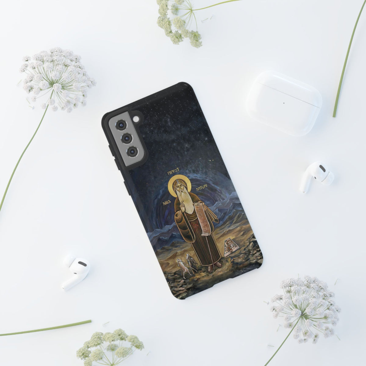 Christelijk telefoonhoesje Sint-Antonius de Grote donkerblauw mat