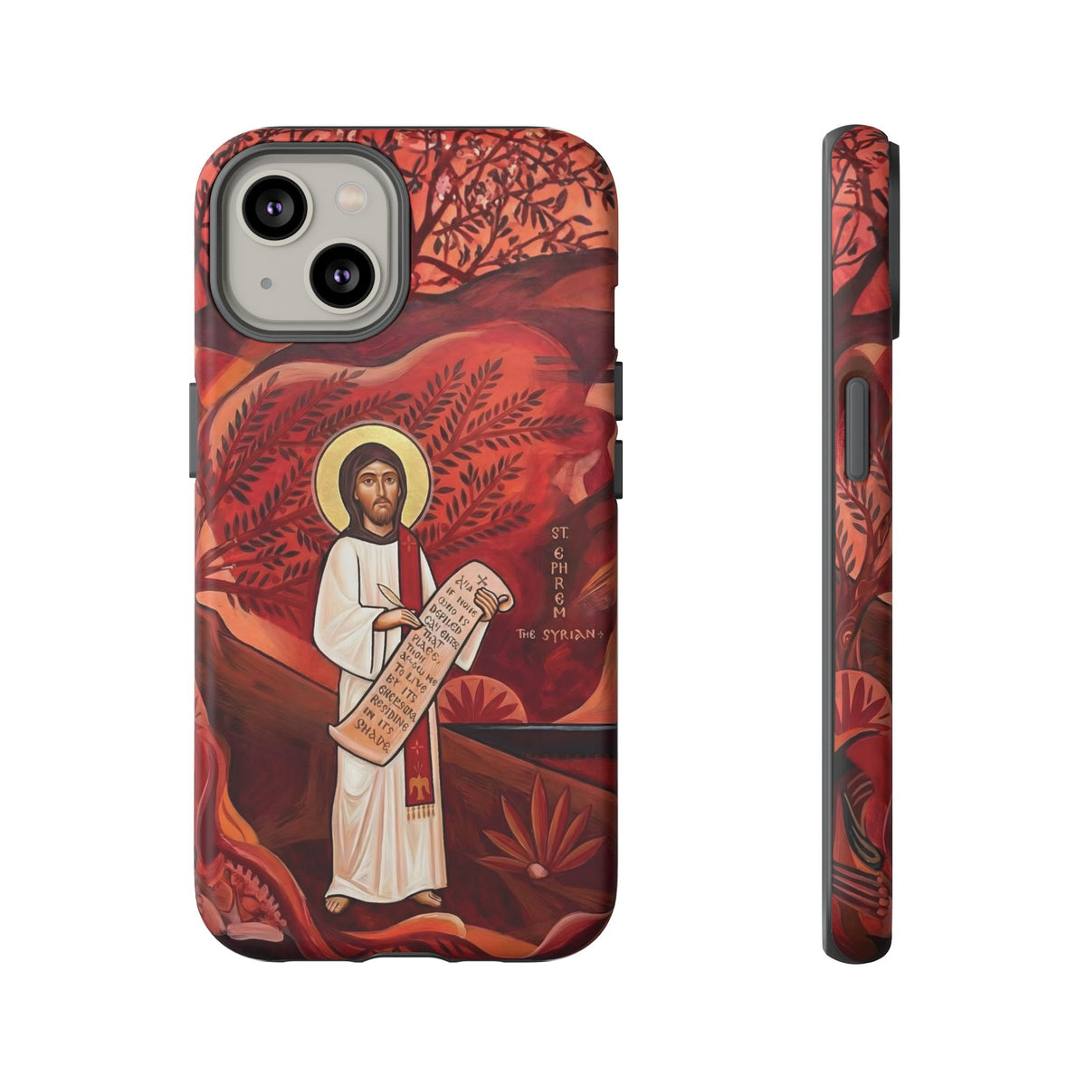 Christelijk telefoonhoesje Sint-Efrem de Syriër rood mat