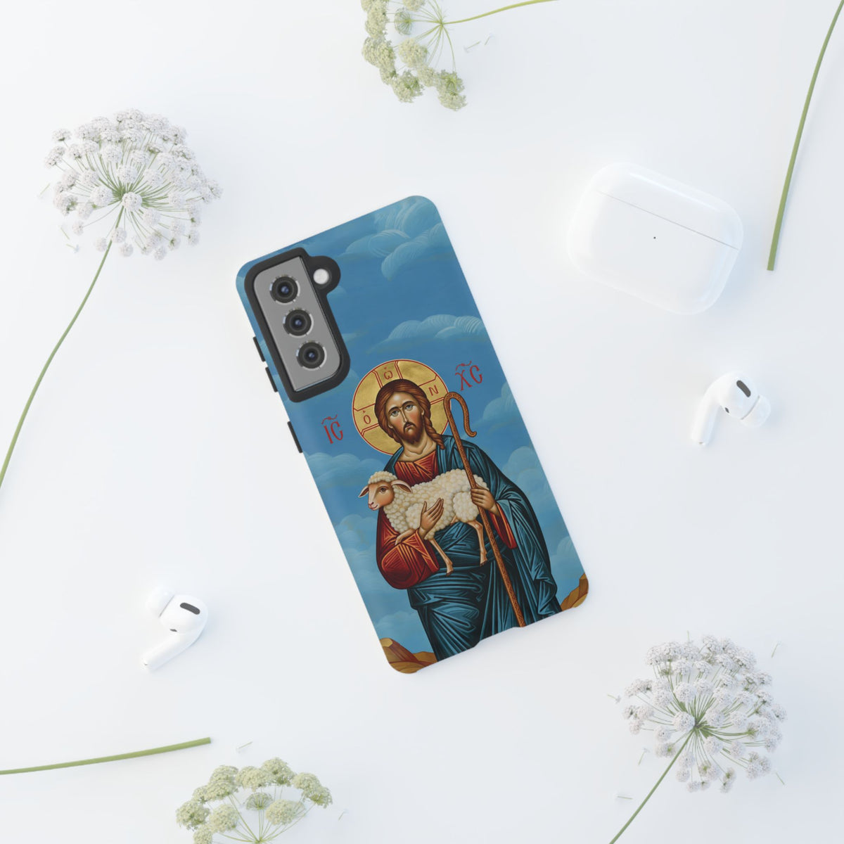 Christelijk telefoonhoesje De Goede Herder blauw mat