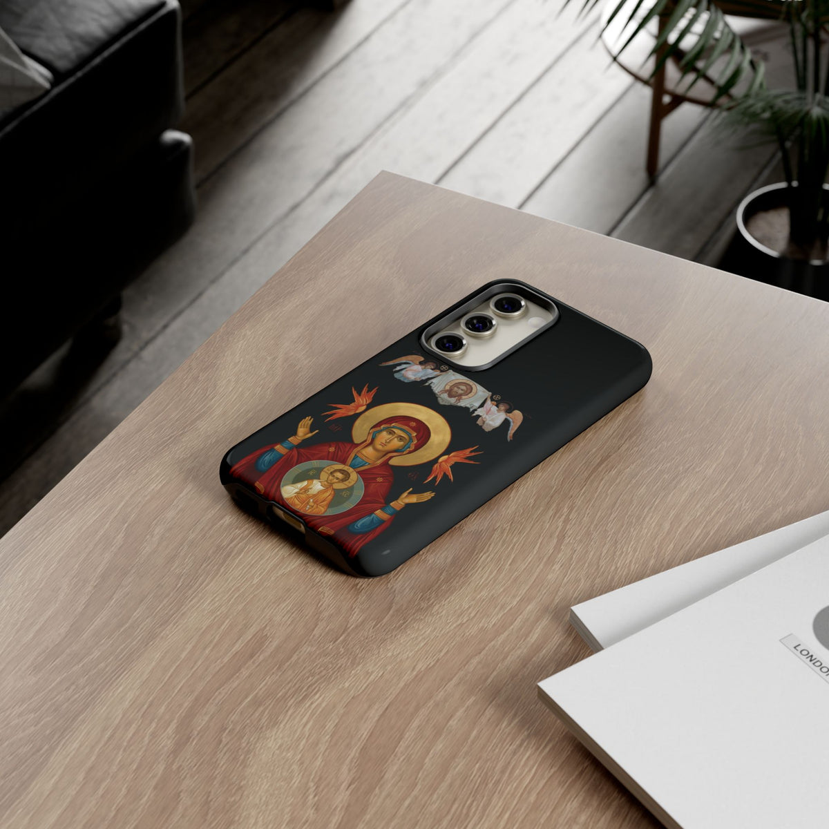 Christelijk telefoonhoesje De Heilige Maagd Maria zwart mat