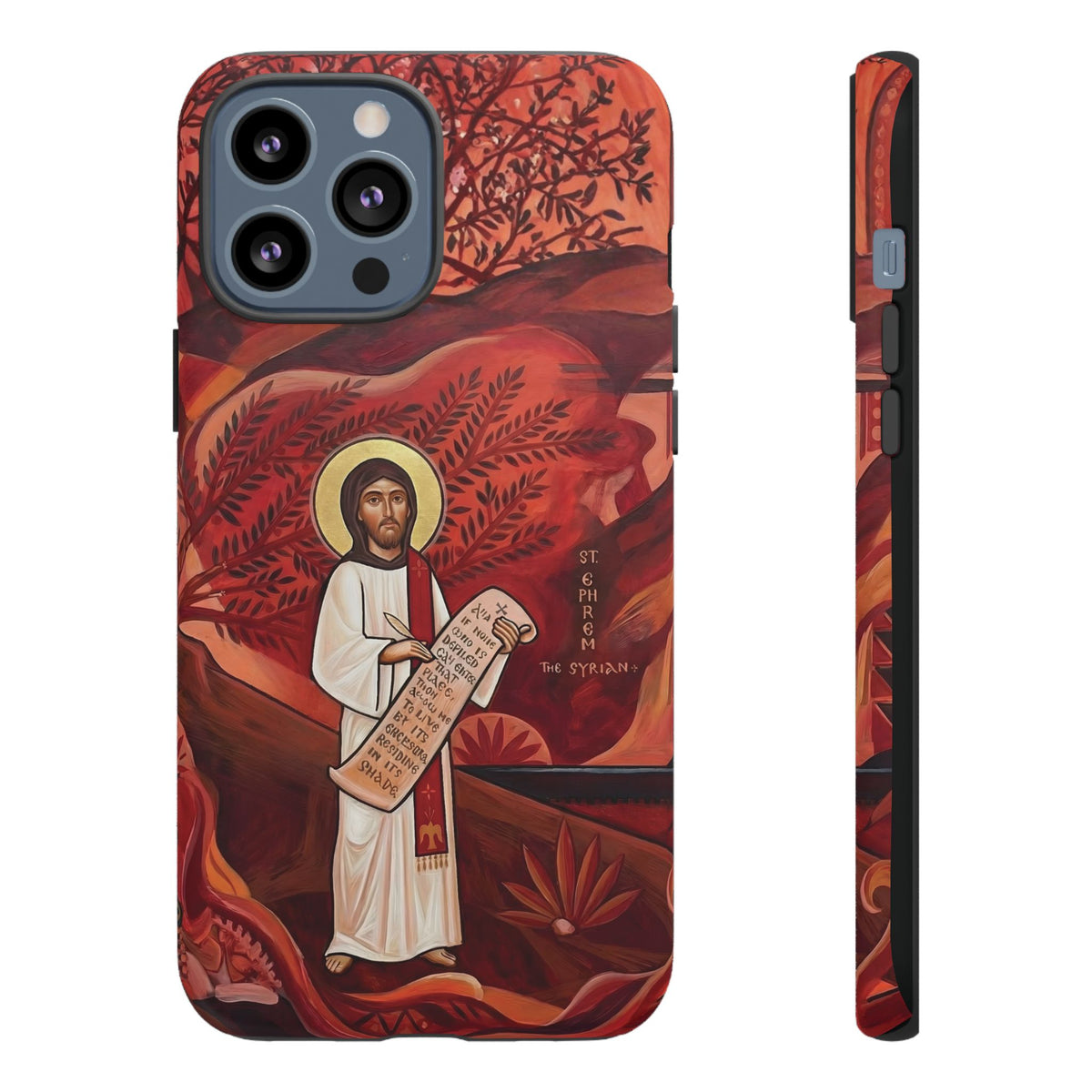 Christelijk telefoonhoesje Sint-Efrem de Syriër rood mat