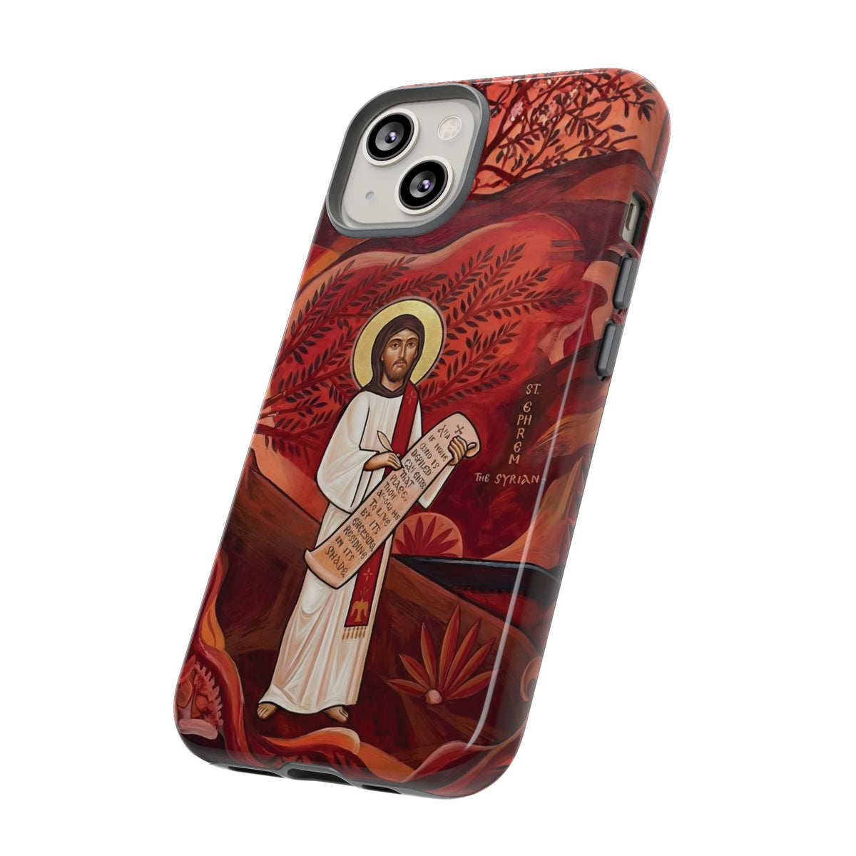 Christelijk telefoonhoesje Sint-Efrem de Syriër rood mat