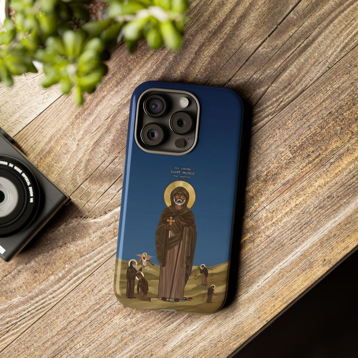 Christelijk telefoonhoesje Sint-Mozes de Sterke blauw mat