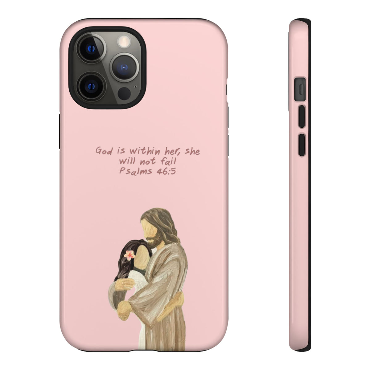 Christelijk telefoonhoesje God is in haar roze mat