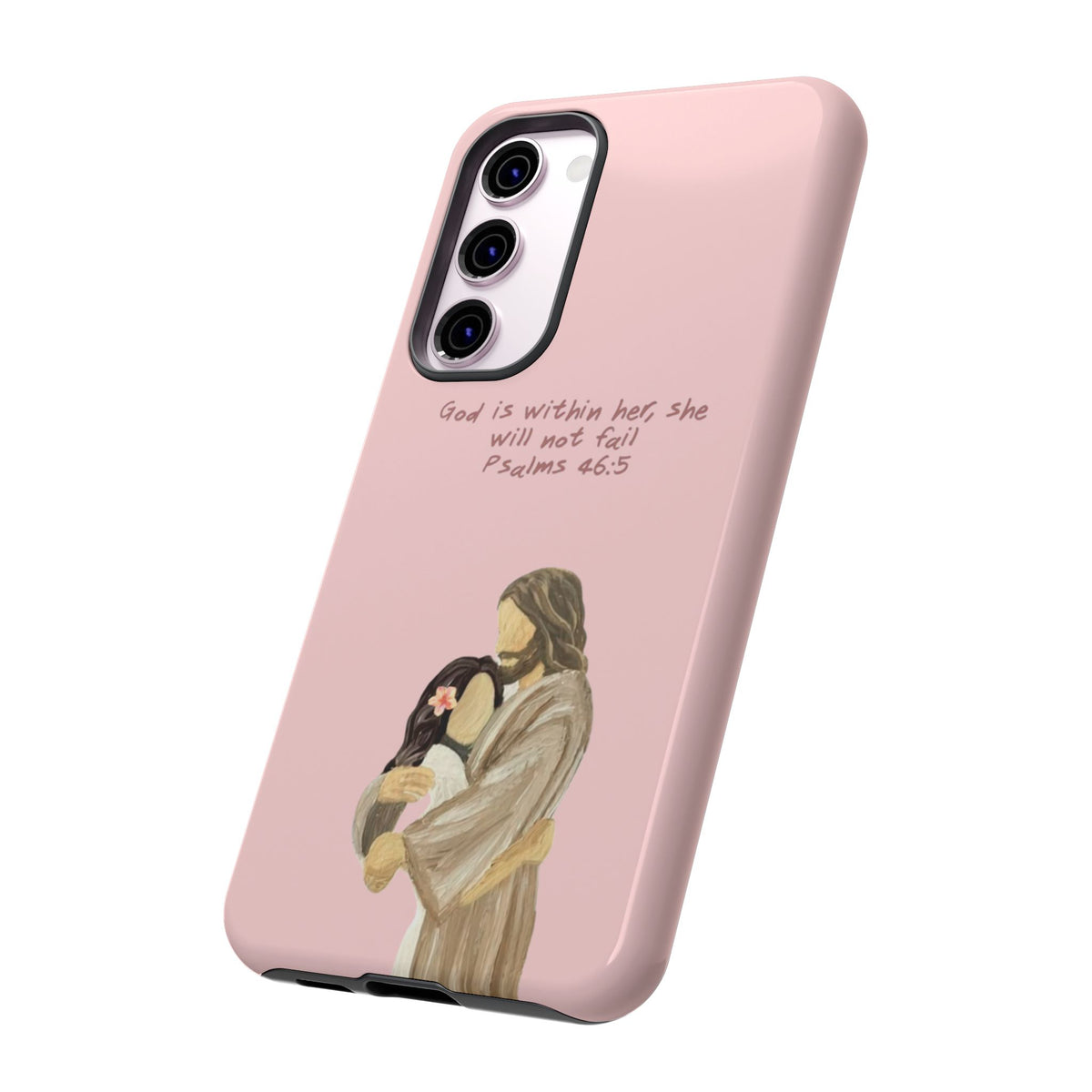 Christelijk telefoonhoesje God is in haar roze mat